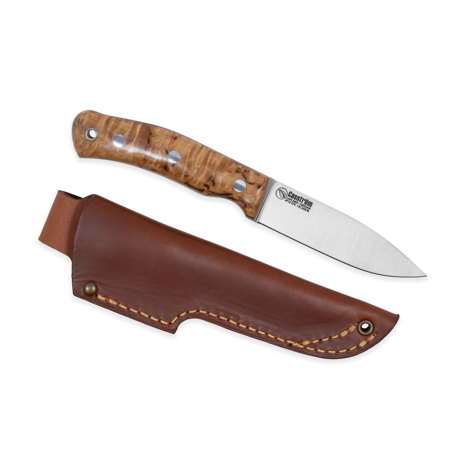 No.10 SFK, Stabilized Curly Birch, Stainless, Leather
